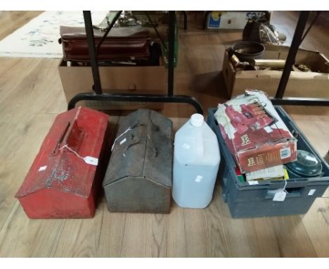 Two metal toolboxes with contents, a tub of heavy duty degreaser, and a box of Power Devil sander, and other related items  