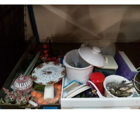 Two boxes of mixed ceramics, to include a Royal Albert Old Country Roses wall clock, ceramic bread bin, metalware, and other 