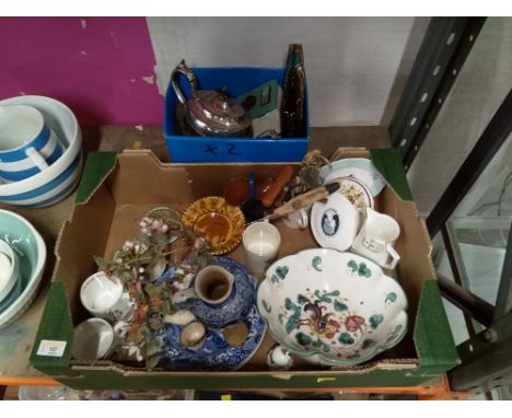 Two boxes of commemorative ware, flower ornaments, cockerel decorated bowl, and silver plated teapot  