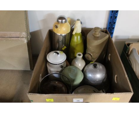 A box of enamelled items, ceramic hot water bottle, and other items