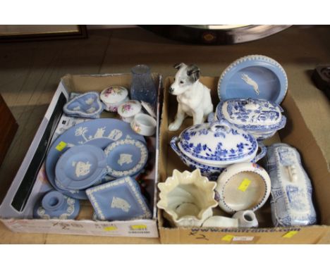 Two boxes of Wedgwood, a USSR made dog ornament, blue and white, and a Poole dish