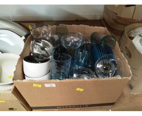 A box of glassware and ceramic dinnerware