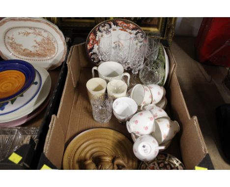 Three boxes of mixed ceramics and glassware, floral decorated tea set, ashettes, and ceramic decorative plate