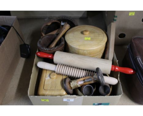 A box of vintage wooden items, to include egg timer, rolling pins, cheese dome, and pestle &amp; mortar
