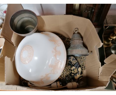 A box of white glass light shades and fittings