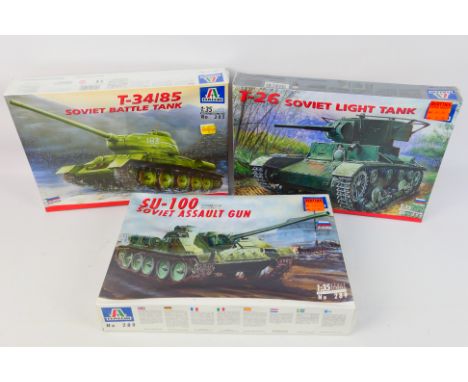 Italeri - Three factory sealed plastic model kits, all 1/35 scale, to include 359 T-26 Soviet Light Tank, 289 Soviet Assault 