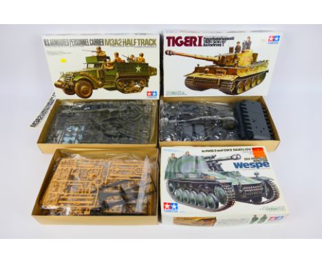 Tamiya - Three 1/35 scale plastic kits to include 35200 Self-Propelled Howitzer Wespe, 35070 M3A2 Half Tank and 35056 Tiger I