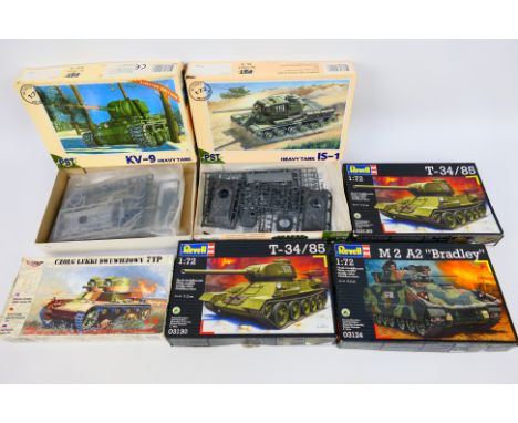 Revell - PST - Mirage Hobby - Six plastic kits, all 1/72 scale. 03130 T-34/85 and 72001 Heavy Tank IS-1 have loose parts in b
