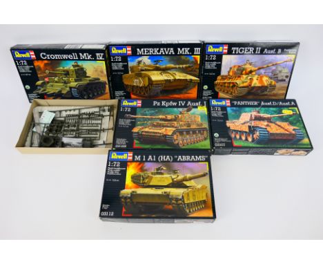 Revell - Six factory model kits, all 1/72 scale, to include 03112 M1 A1 (HA) 'Abrams', 03134 Merkava Mk.III, 03129 Tiger II a