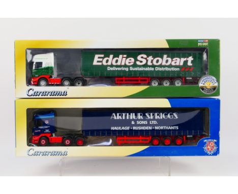 Cararama - Two boxed Cararama Scania diecast 1:50 scale model trucks in 'Arthur Spriggs' and 'Eddie Stobart' liveries. Models