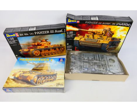 Revell - Italeri - Tamiya - Three plastic model kits, all 1/35 scale, to include 03005 Panzer III Ausf. J, 03022 Panzer III A