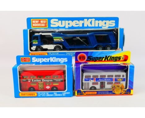 Matchbox - Super Kings - 3 x boxed models, Bedford Car Transporter # K-10, London Bus in London Dungeon livery # K-15 and Lon