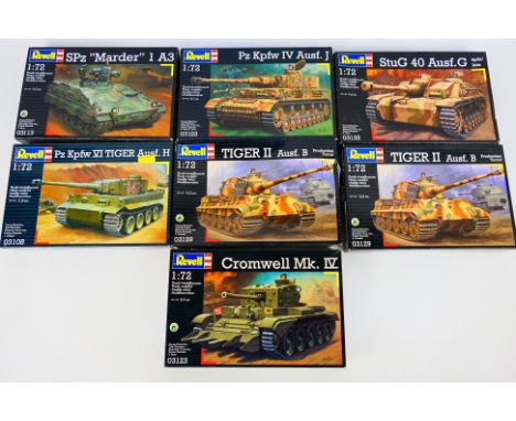 Revell - Seven factory sealed model kits, all 1/72 scale, to include 03122 Pz Kpfw IV Ausf. J, 03132 StuG 40 Ausf. G, 03129 T