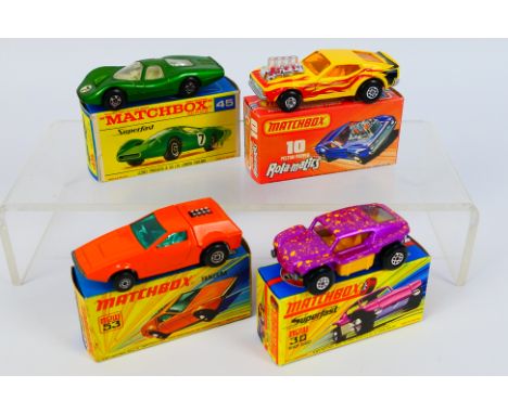 Matchbox - Superfast - 4 x boxed cars, Ford Mustang Piston Popper in the rarer yellow with flames # 10, Beach Buggy # 30, For