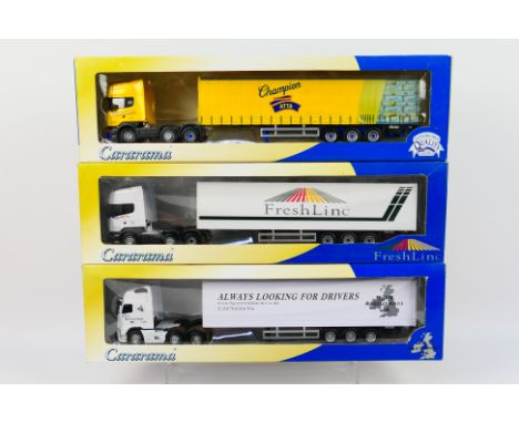 Cararama - Three boxed Cararama 1:50 scale diecast model trucks. Lot consists of Cararama #569-018 Scania Topline ' 'FreshLin