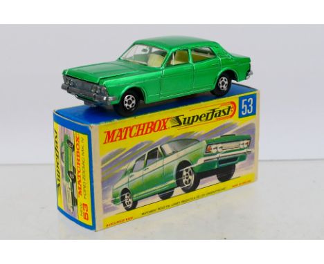 Matchbox - Superfast - A boxed Ford Zodiac in green with narrow wheels # 53 which appears Near Mint with a tiny crack in the 