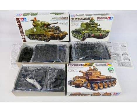 Tamiya - Three model plastic kits, all 1/35 scale, to include MM232 Centaur C.S.Mk4, MM221 Cromwell Mk4 and MM190 M4 Sherman 