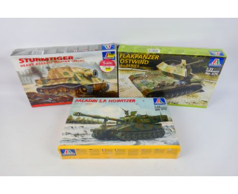 Italeri - Three factory sealed plastic model kits, all 1/35 scale, to include 299 Sturmtiger, 376 Flakpanzer Ostwind and 372 