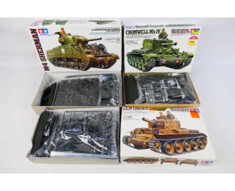 Tamiya - Three model plastic kits, all 1/35 scale, to include MM232 Centaur C.S.Mk4, MM221 Cromwell Mk4 and MM190 M4 Sherman 