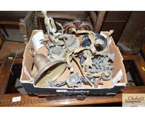 A box of various brass lamp fittings etc