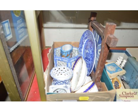 A box containing various blue and white china to include; Copeland Spode Italian etc. 