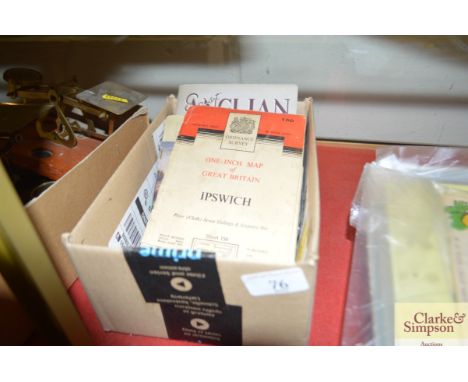 A box containing Ordnance Survey map of Ipswich 1963 and other local ephemera 