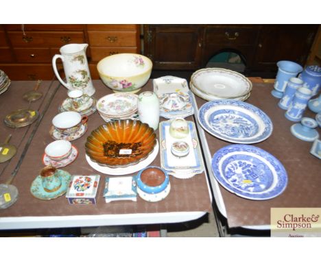 A quantity of decorative china to include "Willow" patterned plates; oriental cups and saucers; trinket boxes etc