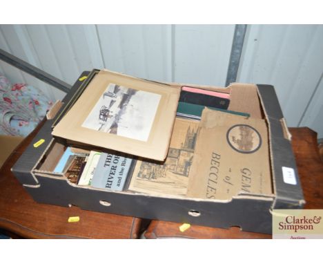 A box containing old vintage photographs of Woodbridge; various ephemera and books relating to East Anglia