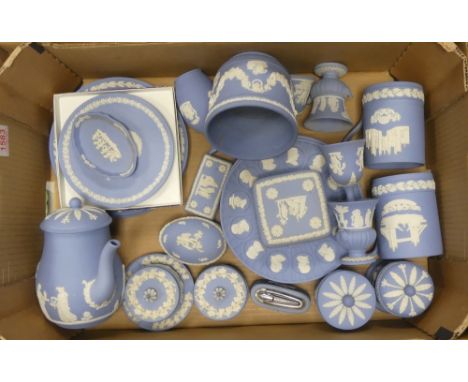 Wedgwood, A Collection of Blue Jasperware including Planterm Vases, Plates, Trinket Dishes etc. (1 Tray)
