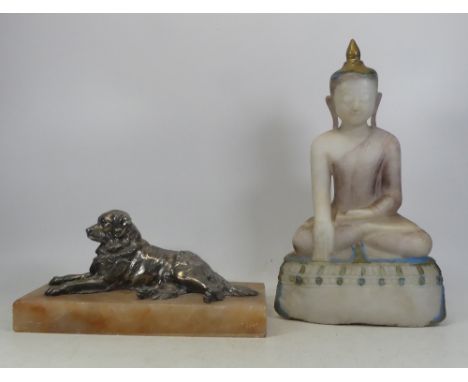 Chrome Plated Dog on alabaster type base together with stone buddhist figure. Chips to alabaster base and buddha Height of ta
