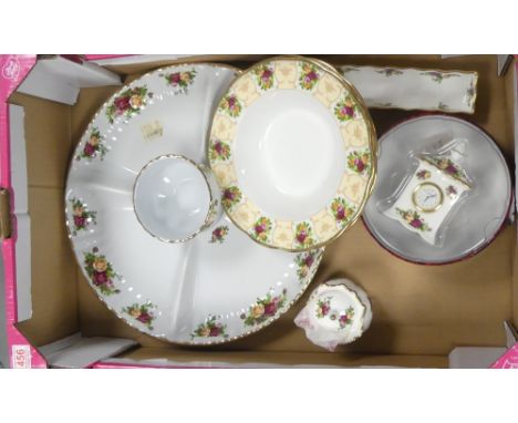 Royal Albert selection to include Boxed Miniature clock, section serving tray with pot, Lidded Sugar bowl, two Rose Cameo Pea