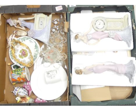 Mixed ceramics to include Masons shoes, three vintage rose figurines (2 boxed), mugs, glass miniature clocks, candle stick et