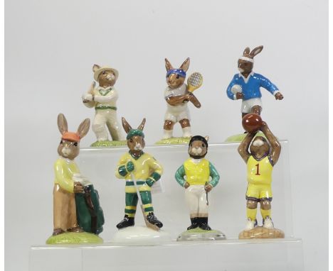 Royal Doulton, Five Bunnykins Basketball, Jockey, Ace, Out for a Duck, Rugby Player, Caddy and Ice Hockey. Boxed. (7)