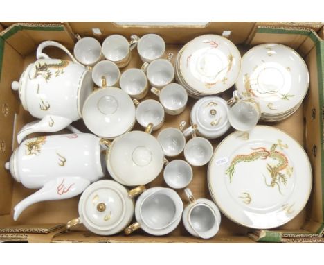 Japanese Geisha Eggshell Tea and Coffee Service. Decorated with gilt, brown and red dragon. (1 Tray)