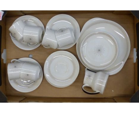 Royal Doulton Morning Star TC1026 part tea set to include teacups and saucers, milk jug and double handled serving plate. (1 