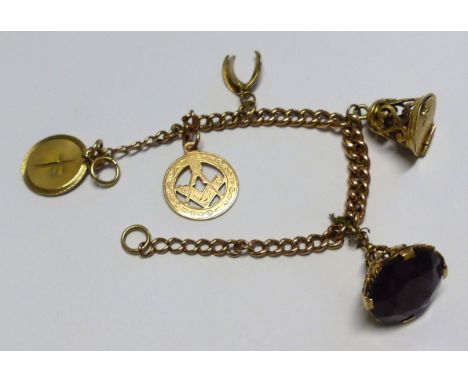 9ct rose gold charm bracelet with 9ct charms including a Masonic example and one set with a large amethyst/purple stone, comb