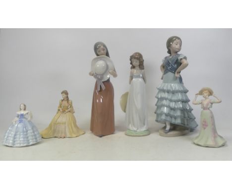 Lladro 2005 Events Creation figure, Flamenco dancing girl, Girl holding wide brimmed hat and three small Coalport aldy figure
