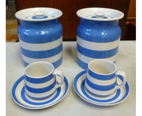 TG Green cornishware blue and white storage jar and covers together with 2 tea cups and saucers.