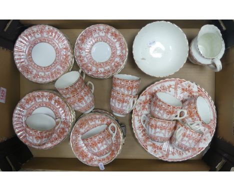 Victorian Iron Red Transfer Printed Serviceware includes teacups, saucers, cake plates, circular serving paltes, milk jug and