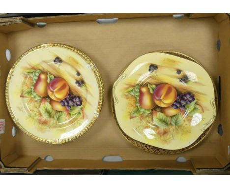Aysnley, Orchard Gold set of Five Fruit Still Life Plates together with two red ground examples and on sandwich palte (1 Tray