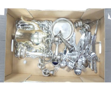 A Mixed Collection of Silverplated Items including Teapot, Candlestick, Cutlery etc. (1 Tray)