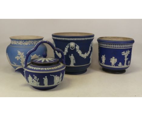 Wedgwood, Three Dip Blue Planters and Teapot. Teapot a/f. (4)