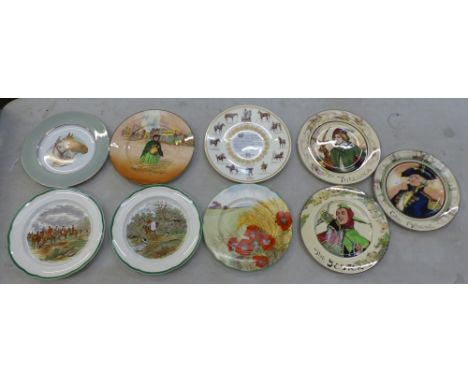 Collection of 9 decorative wall plates to include an Aynsley 'The Horse' plate, Royal Doulton Sairey Gamp series ware plate e