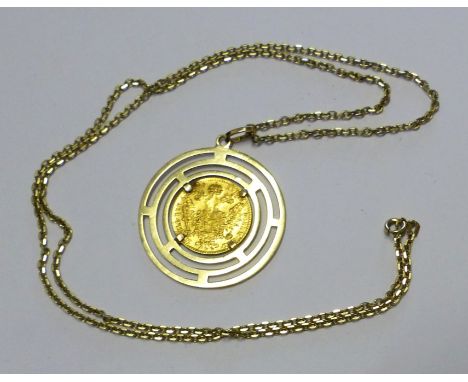 1915 Austrian 1 Ducat 23ct Gold Coin (3.5g) set in a 9ct gold pendant mount with a 9ct gold chain, chain length 60cm, overall
