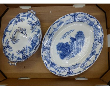 Blue and white Stoke Pottery 'Delph' range lidded tureen and oval meat platter (2).