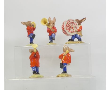Royal Doulton, Bunnykins Oompah Band including Cymbals, Drum Major, Trumpeter, Drummer, Sousaphone (5)