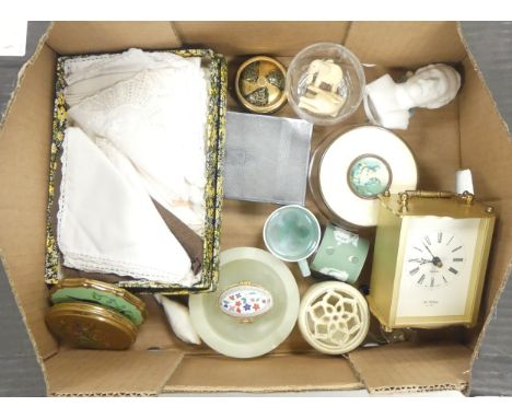 Collection of items including Bohemia Glass Vanity Pot, Raleigh bust, silverplated cigarette box, pewter mounted shell snuff 