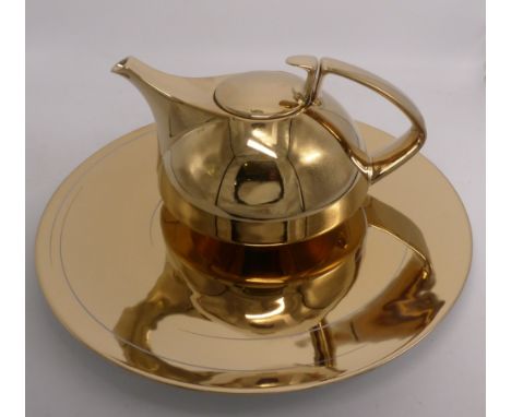 Rosenthal Studio-Line Gropius teapot together with a Rosenthal Studio-Line serving platter, both in a metallic gold glaze, di