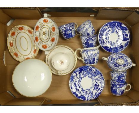 A Collection of Teaware includes Royal Crown Derby Blue and White Gilt Teaware together with 19th Century Teaware including m