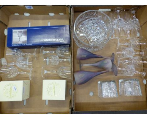 Mixed crystal and glass ware to include boxed sherry glasses, Edinburgh Crystal bowl, hock and champagne glasses etc (2 trays